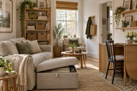 AI concept of an organized small apartment with storage ottoman and basket shelving