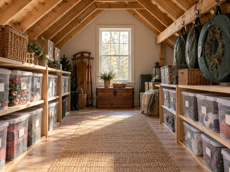AI concept of an organized attic shelves with seasonal storage bins and hanging wreath bags