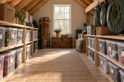 AI concept of an organized attic shelves with seasonal storage bins and hanging wreath bags