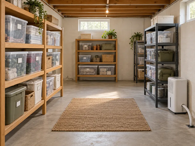 AI concept of basement storage with raised shelving, sealed bins and a dehumidifier