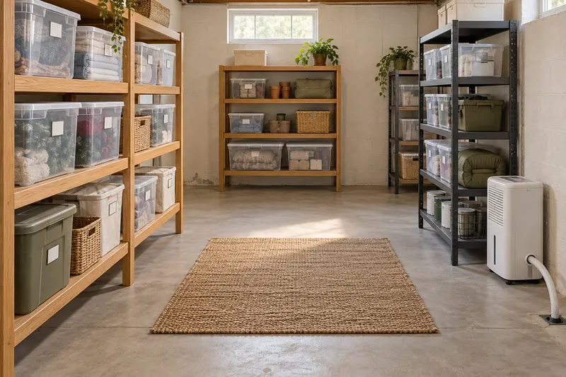 Raised basement shelving with sealed bins and a dehumidifier.