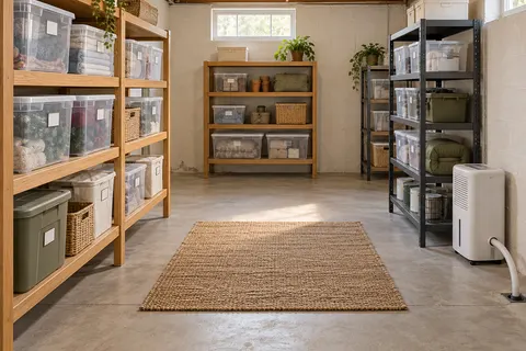 AI concept of basement storage with raised shelving, sealed bins and a dehumidifier