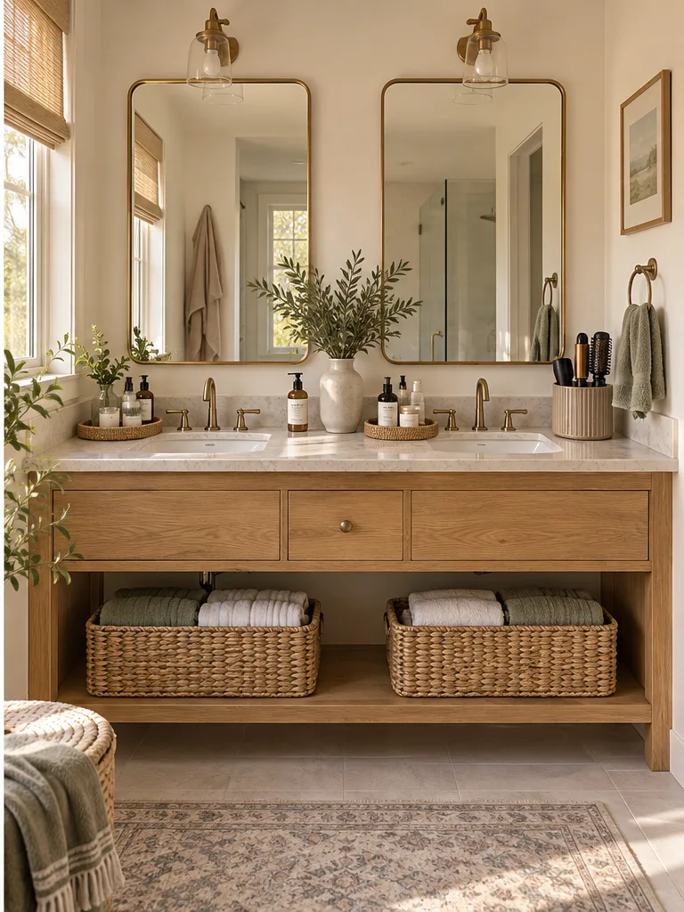 AI concept of an organized bathroom vanity with folded towels in baskets