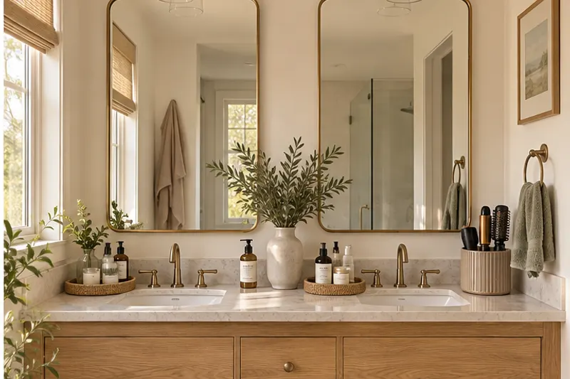 Illustrative AI concept: AI concept of an organized bathroom vanity with folded towels in baskets