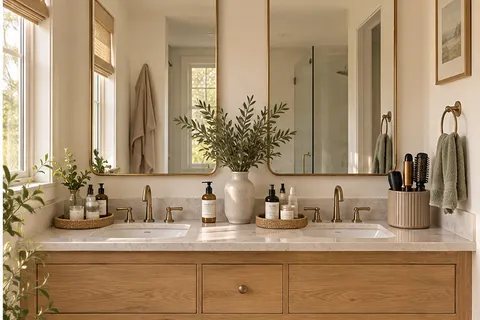 AI concept of an organized bathroom vanity with folded towels in baskets