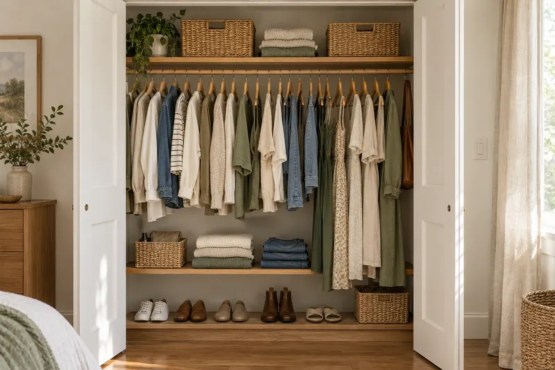Illustrative AI concept: AI concept of an organized reach-in closet with matching hangers and labeled bins