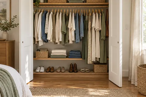 AI concept of an organized reach-in closet with matching hangers and labeled bins