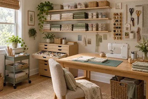 AI concept of organized craft & sewing room with practical shelving, dividers and storage containers