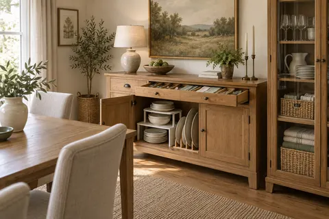 AI concept of organized dining room with practical shelving, dividers and storage containers