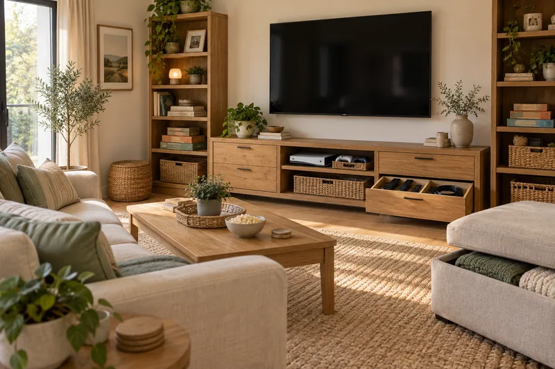 AI concept of an entertainment room with media cabinets, divided remote storage, game baskets and a storage ottoman