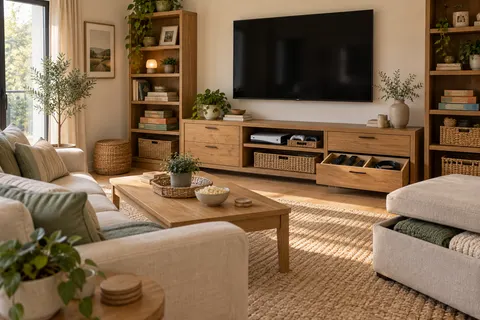 AI concept of an entertainment room with media cabinets, divided remote storage, game baskets and a storage ottoman