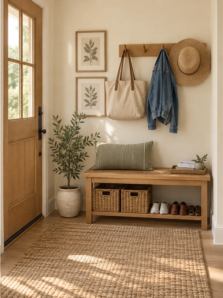 AI concept of a sunlit entryway with an oak bench and woven storage baskets