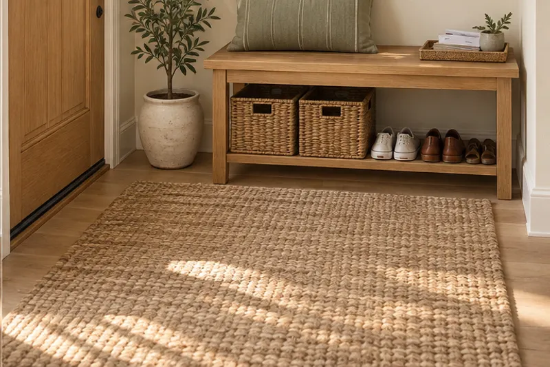 Illustrative AI concept: A sunlit entryway with an oak bench and baskets for everyday belongings.