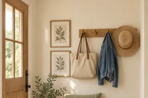 AI concept of a sunlit entryway with an oak bench and woven storage baskets