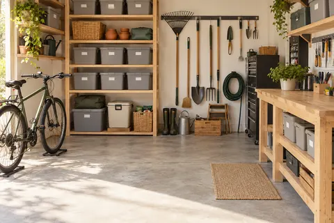 AI concept of an organized garage with wall storage and labeled bins