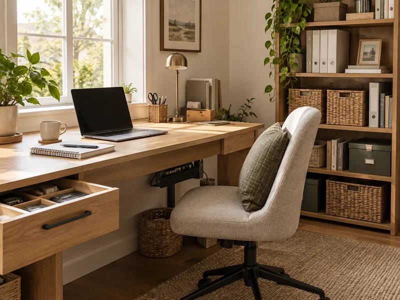 AI concept of an organized home office with file baskets, drawer dividers and cable storage