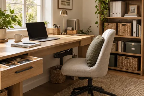 AI concept of an organized home office with file baskets, drawer dividers and cable storage