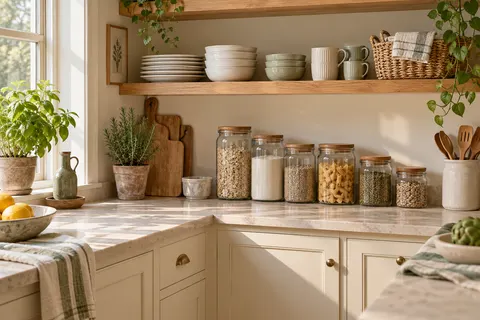 AI concept of a tidy kitchen with clear counters and labeled containers