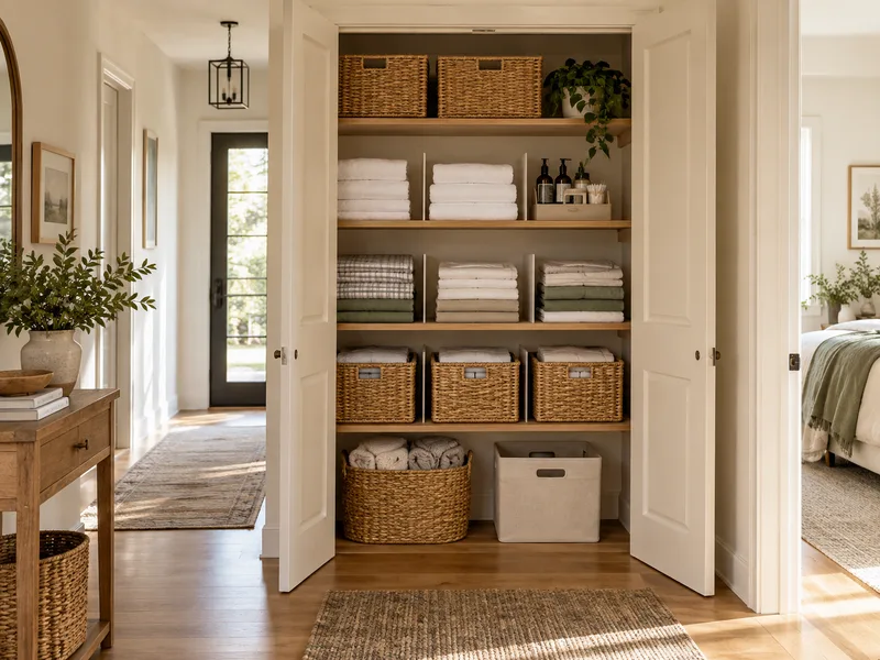 AI concept of an organized linen closet with shelf dividers and woven baskets