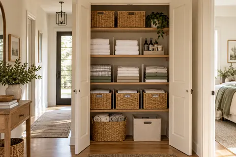 AI concept of an organized linen closet with shelf dividers and woven baskets