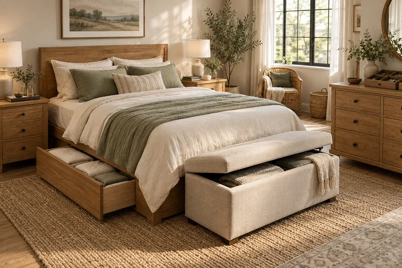AI concept of a master bedroom with under-bed drawers, bedside storage and an upholstered storage bench