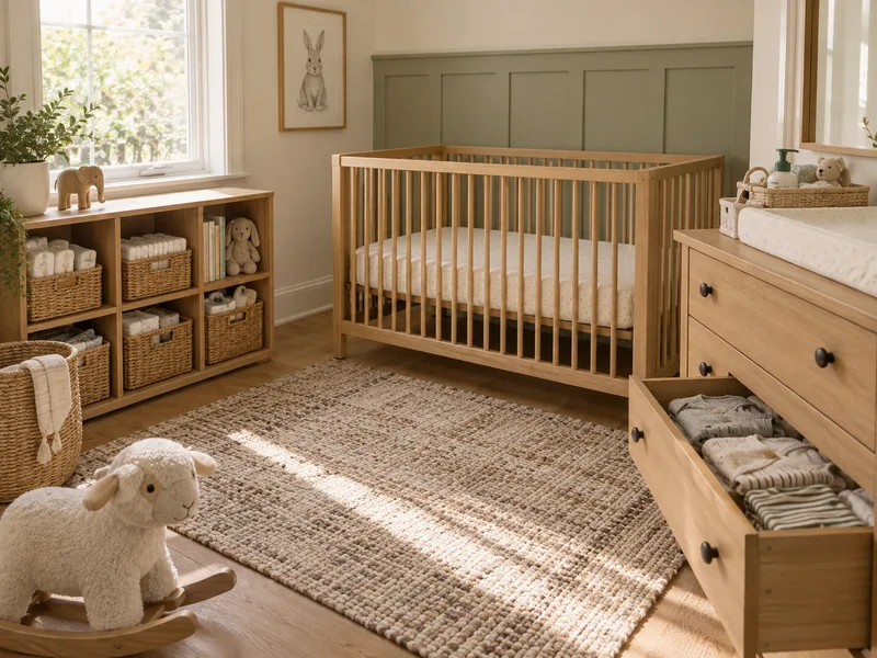 AI concept of an organized nursery with diaper baskets and organized changing dresser