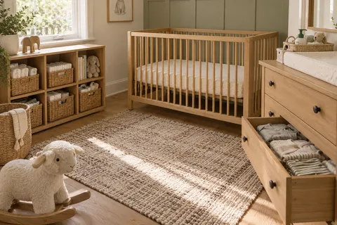 AI concept of an organized nursery with diaper baskets and organized changing dresser