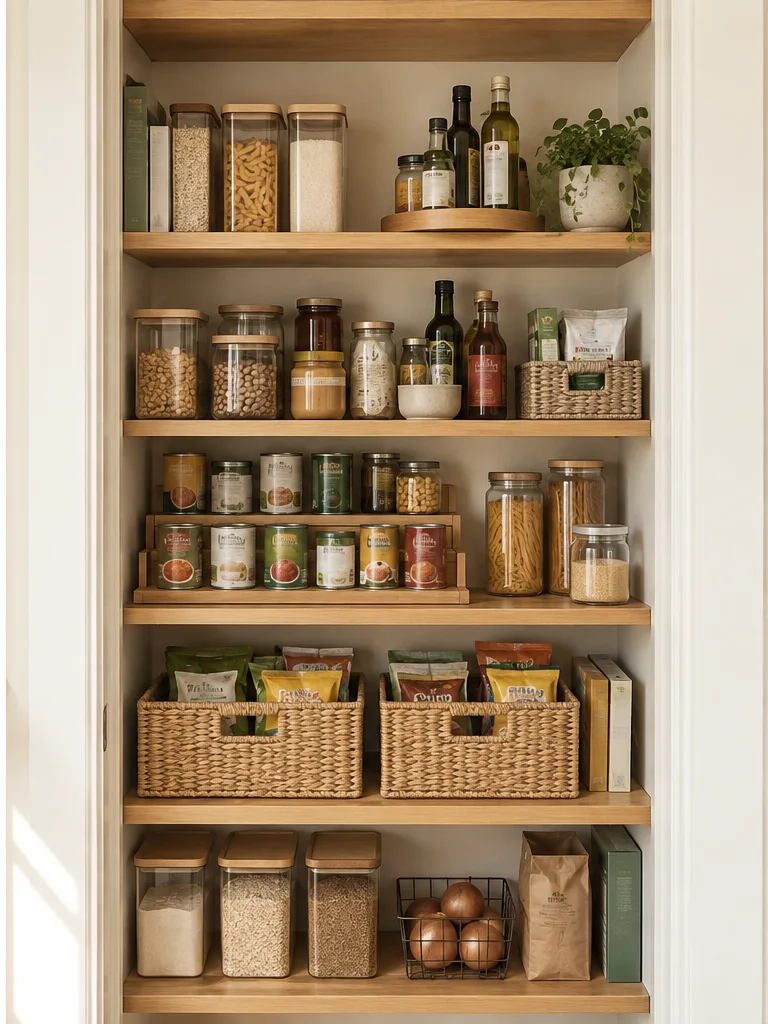 AI concept of an organized pantry with labeled jars and woven baskets
