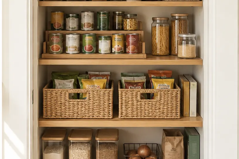 Illustrative AI concept: AI concept of an organized pantry with labeled jars and woven baskets