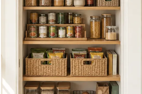 AI concept of an organized pantry with labeled jars and woven baskets