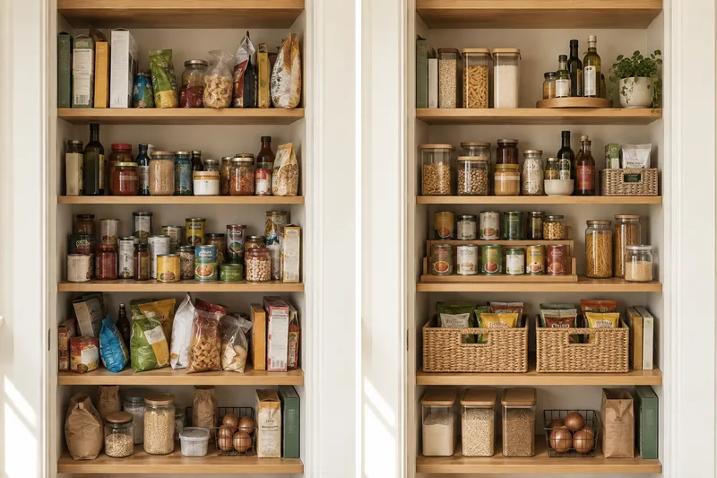 AI concept: Pantry before and after adding a can riser, snack baskets, and bottle turntable