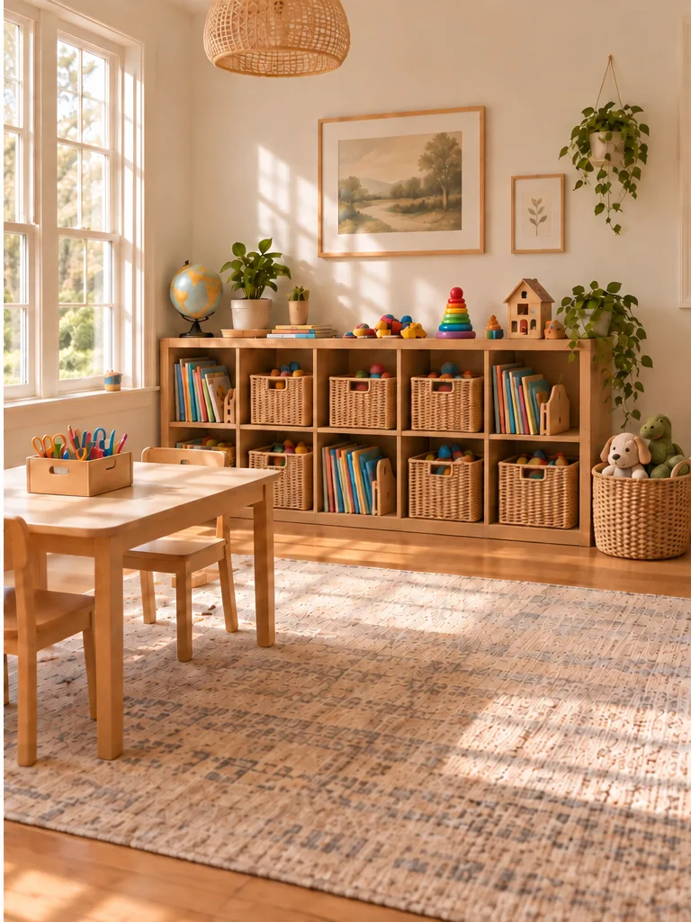 AI concept of an organized playroom with toy bins on low shelves