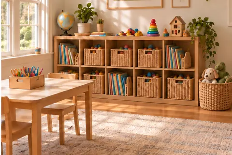 AI concept of an organized playroom with toy bins on low shelves
