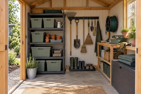 AI concept of a garden shed with seasonal storage bins, a garden tool rail, hose reel and potting caddy