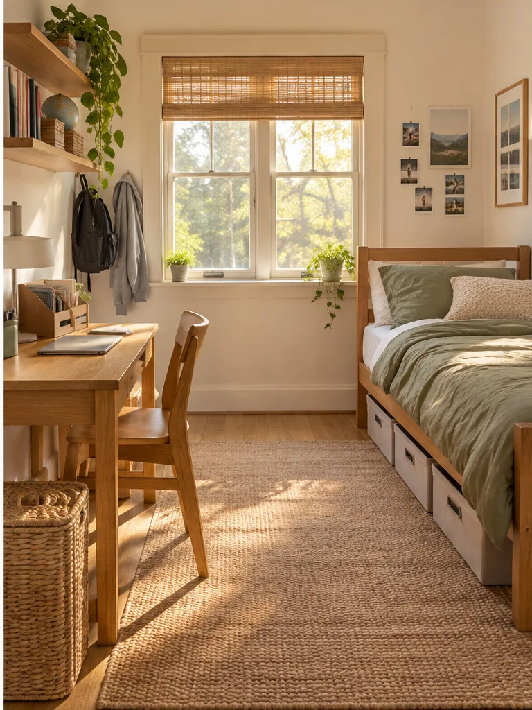 AI concept of an organized small bedroom with a desk and under-bed storage