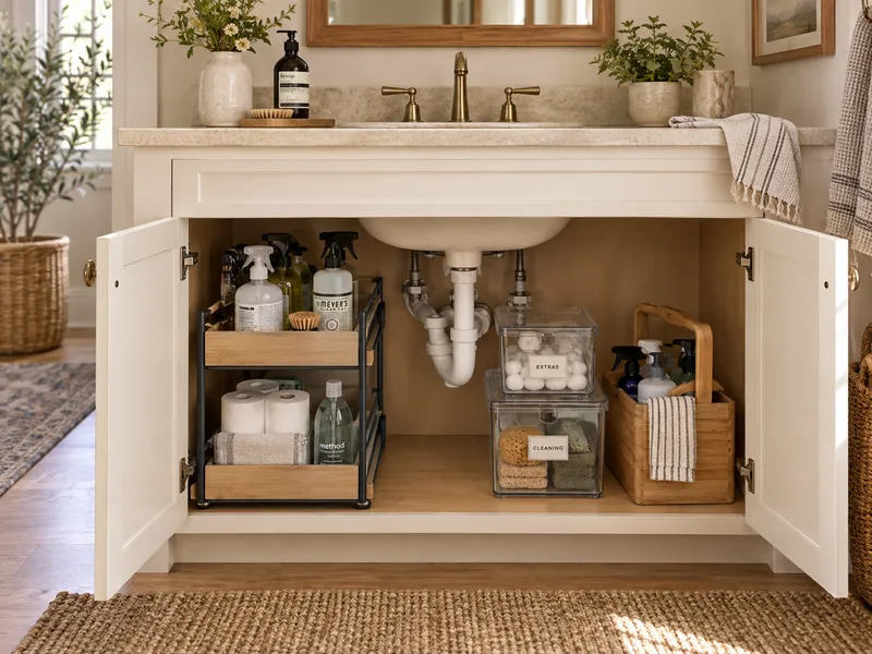 AI concept of an organized under-sink pull-out shelves, clear bins and cleaning caddy