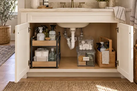 AI concept of an organized under-sink pull-out shelves, clear bins and cleaning caddy
