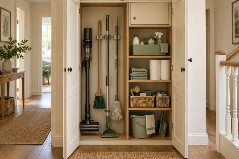 AI concept of organized utility & cleaning cupboard with practical shelving, dividers and storage containers