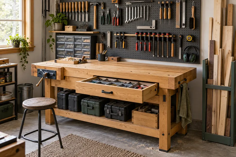 AI concept of a home workshop with a tool wall, small-parts drawers and storage beneath an oak workbench