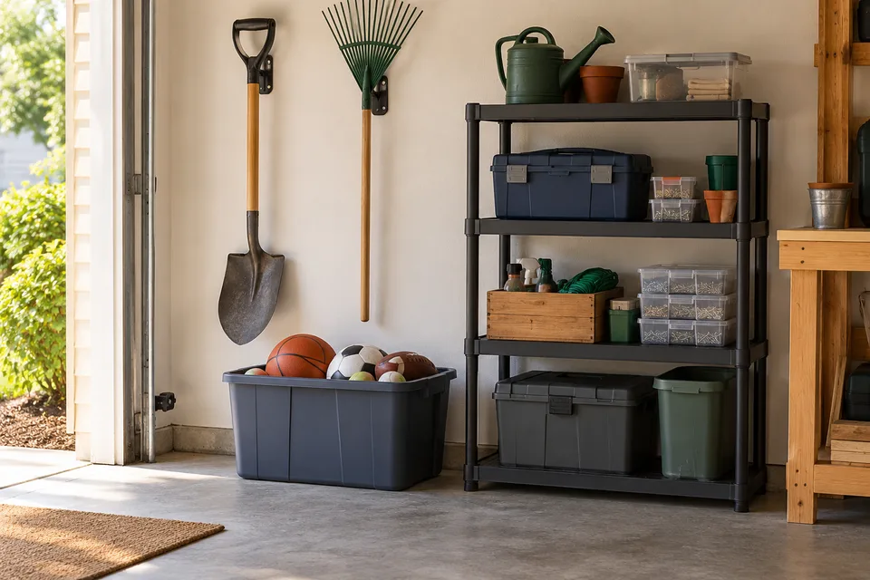Illustrative AI concept: Simple garage hooks, a basic utility shelf, and an inexpensive sports-gear tote.