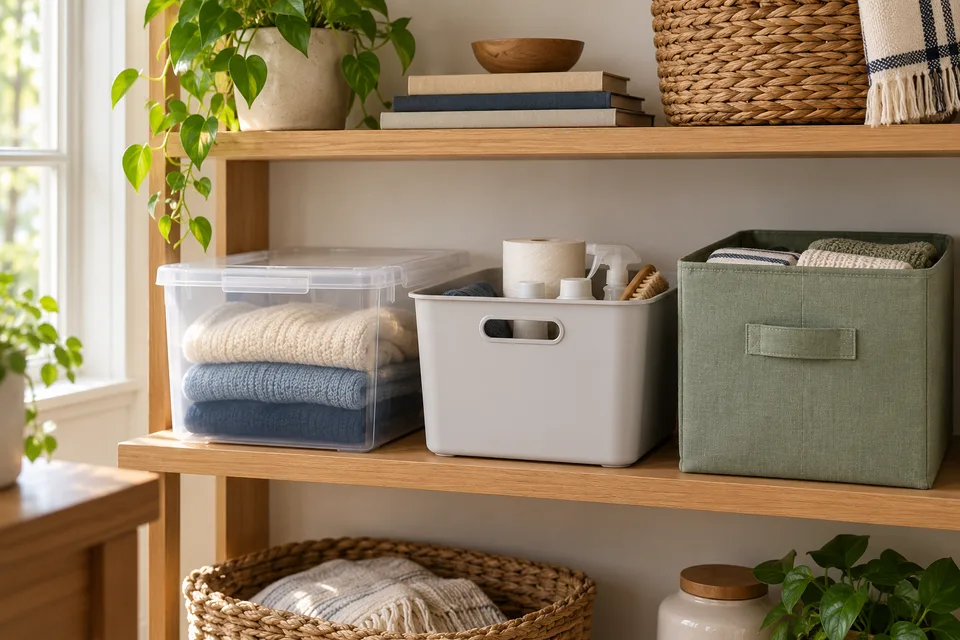 Illustrative AI concept: Basic clear plastic, opaque tote, and fabric storage bins on a household shelf.