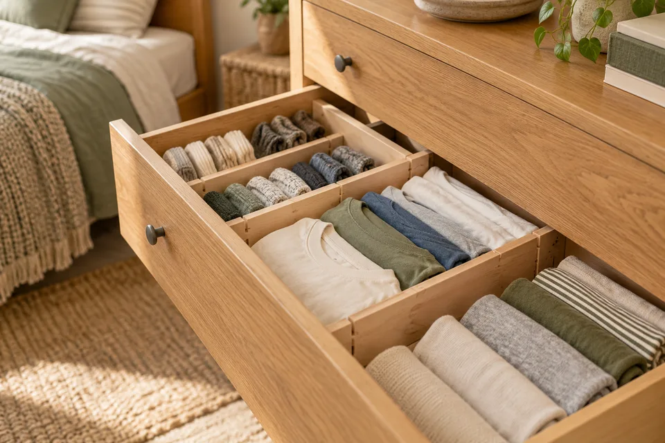 Illustrative AI concept: Folded clothing separated by adjustable wood dividers in a dresser drawer.