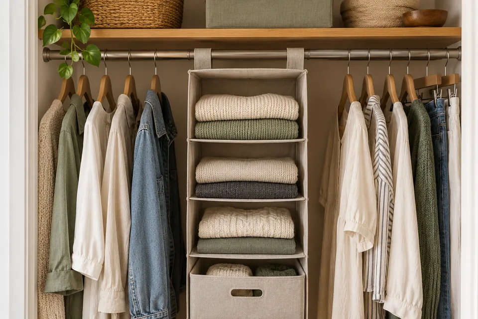 Folded sweaters held in the compartments of a fabric organizer hanging from a closet rod.