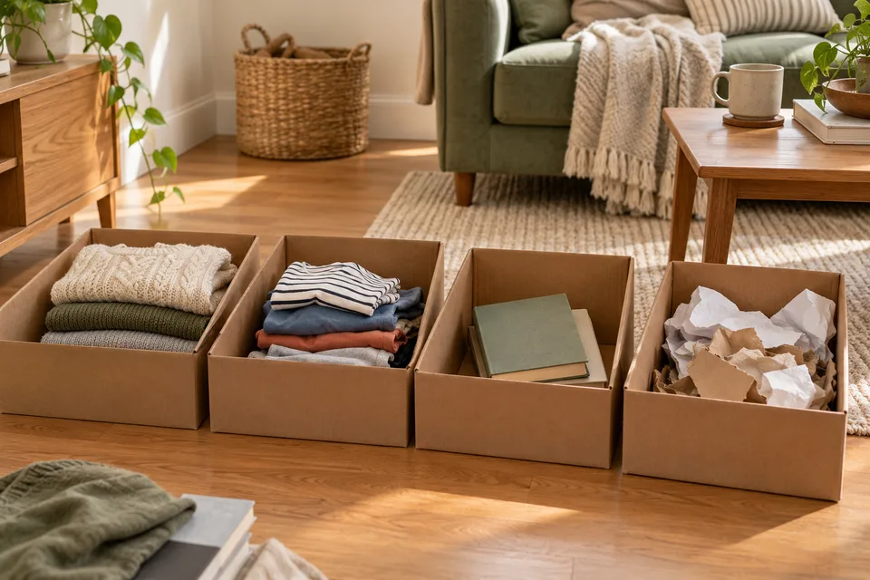 Four open sorting boxes holding small groups of clothing, books, and discarded paper.
