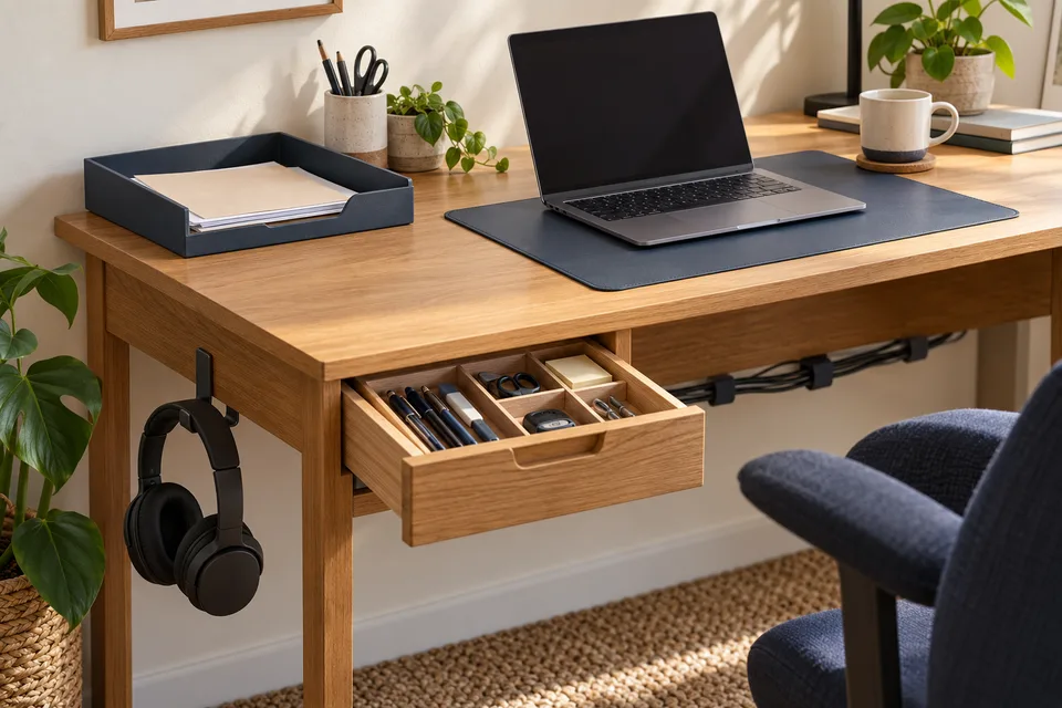 Illustrative AI concept: An oak desk with one paper inbox, a divided drawer, headphones on an under-desk hook, and secured cables.