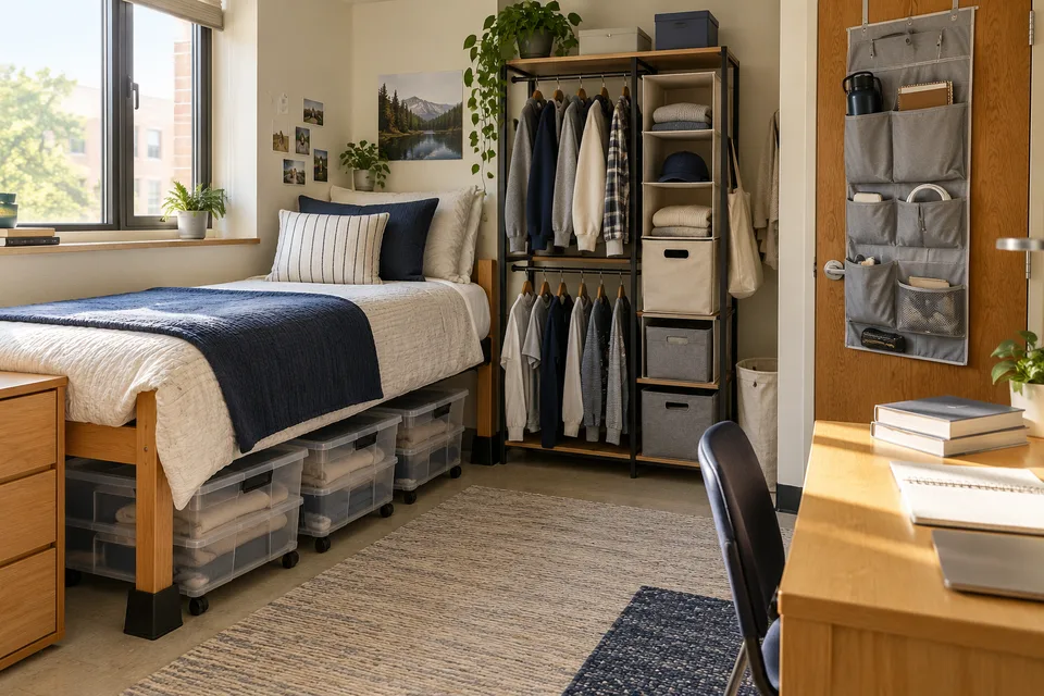 Illustrative AI concept: A compact dorm room with a raised twin bed, wheeled under-bed bins, double hanging rods, fabric shelves, and over-door pockets.