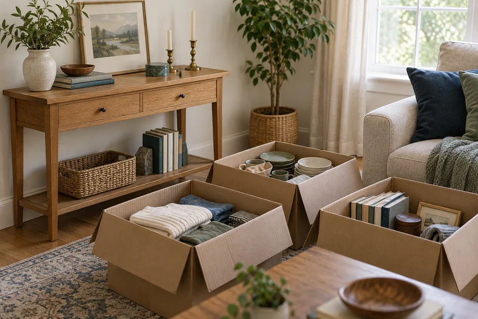 A few retained keepsakes beside boxes of belongings being sorted for a smaller home.