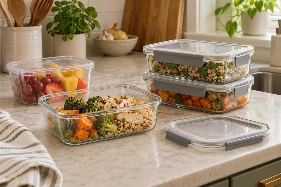 Illustrative AI concept: Glass and reusable plastic food containers with leftovers and fruit on a kitchen counter.
