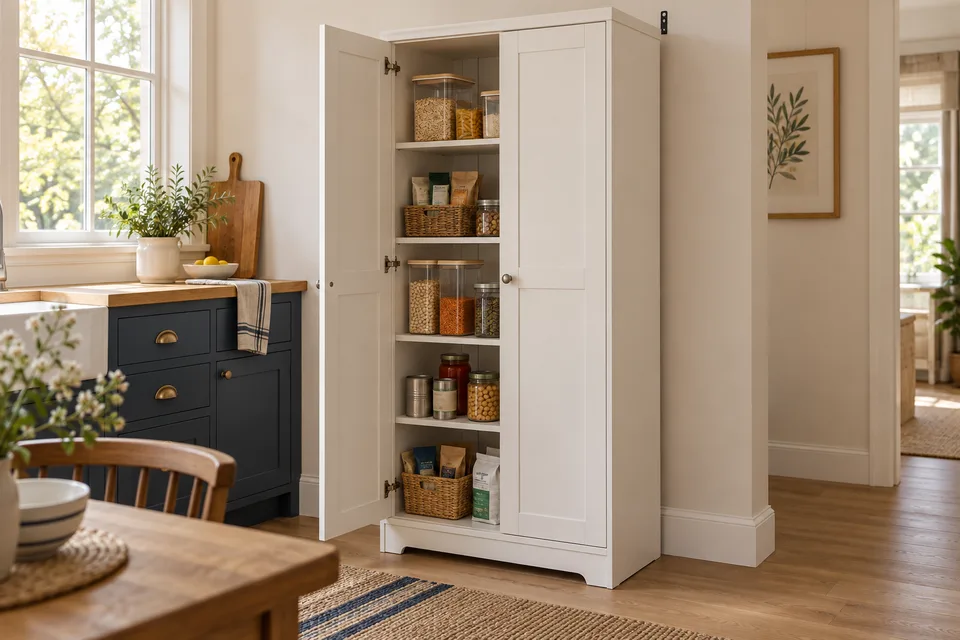 A tall freestanding two-door pantry cabinet beside a kitchen counter, with one door open to show shelves of dry goods and canned food.