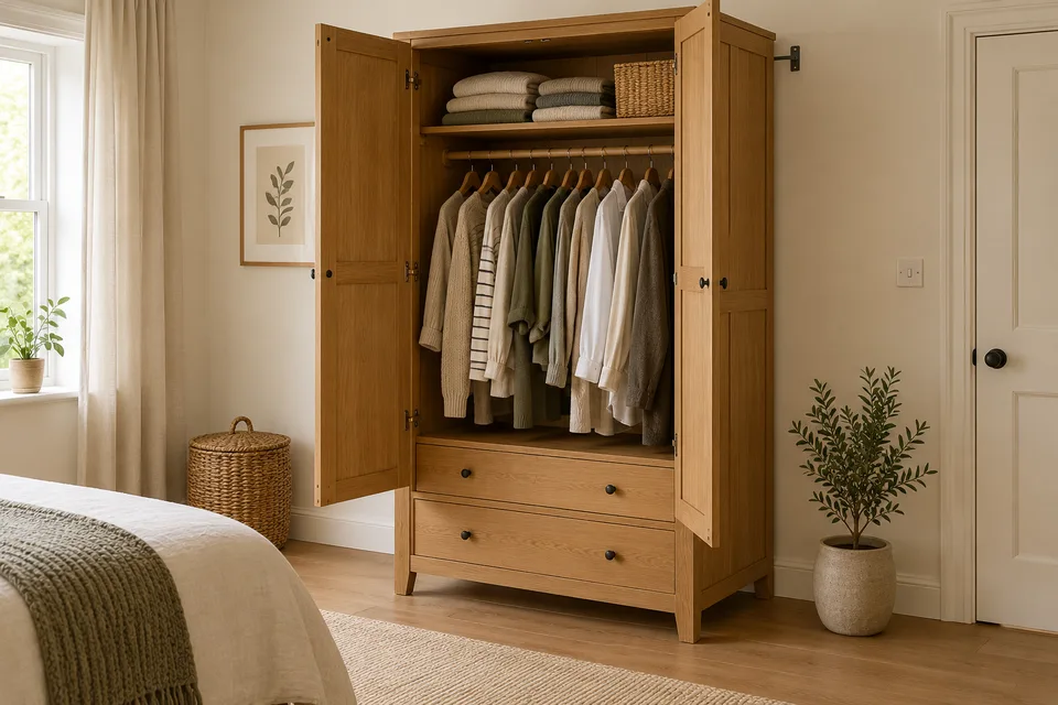 Illustrative AI concept: An open freestanding oak wardrobe with a clothes rail, drawers, and an upper shelf.